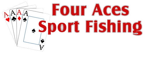 A green background with the words four aces sport fishing written in red.